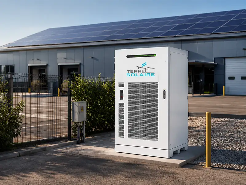 batterie de stockage solaire devant un bâtiment logistique équipé de panneaux solaires